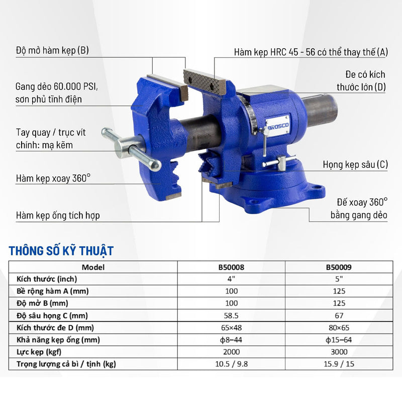 Ê tô bàn có khớp xoay 360° Brosco kích thước từ 4 inch - 5 inch