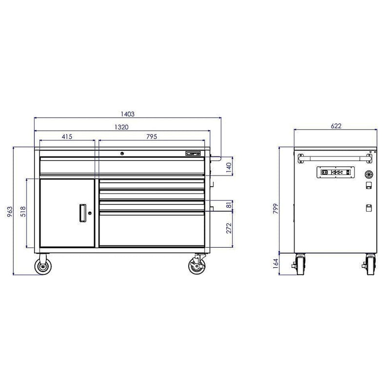 Tủ dụng cụ 5 ngăn kéo, bàn thao tác bằng Inox CSPS bề ngang 132cm, tải trọng tối đa 680kg