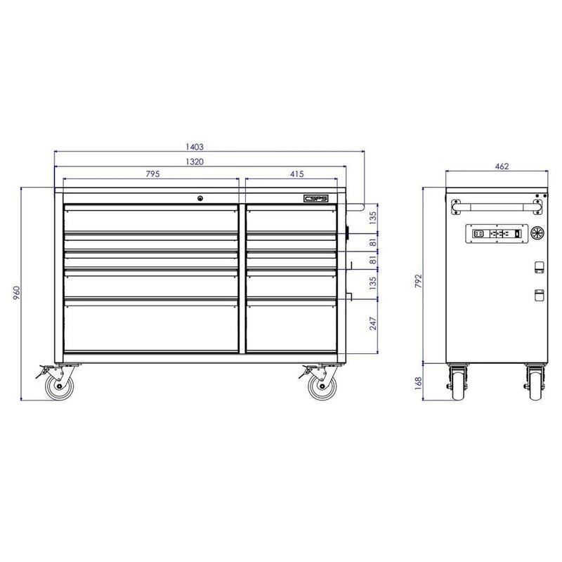Tủ dụng cụ 10 ngăn kéo CSPS bề ngang 132cm, tải trọng tối đa 680kg