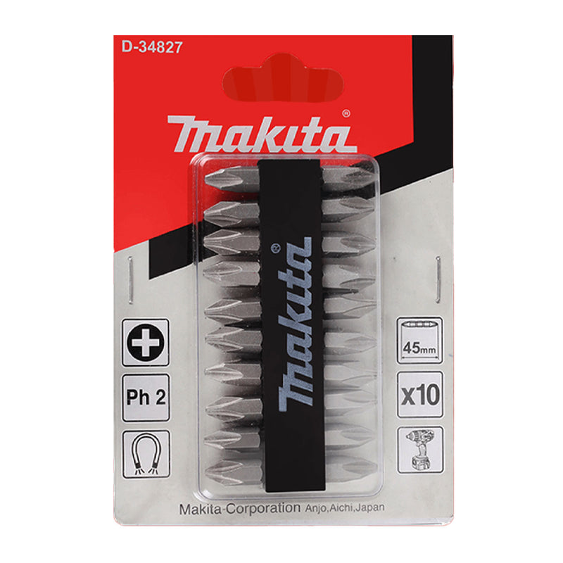 Vĩ 10 mũi vặn vít 2 đầu bake Makita D-34827 kích thước PH2 x 45mm, đuôi lục giác 6.35mm ( 1/4 inch ) ( Cấp 3 sao )