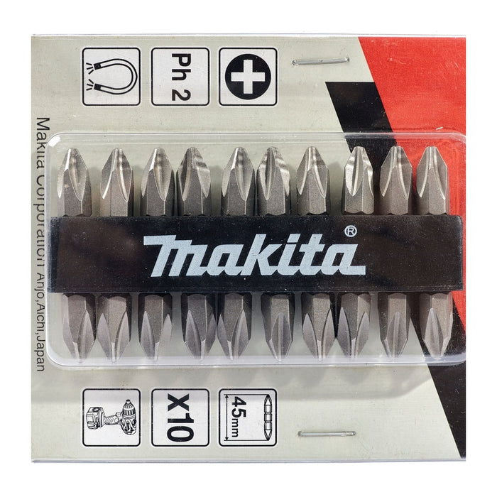 Vĩ 10 mũi vặn vít 2 đầu bake Makita D-34827 kích thước PH2 x 45mm, đuôi lục giác 6.35mm ( 1/4 inch ) ( Cấp 3 sao )