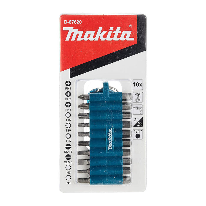 Bộ 10 mũi vặn vít tổng hợp Makita D-67620 chiều dài 50mm, đuôi lục giác 6.35mm ( 1/4 inch ) ( Cấp 2 sao )