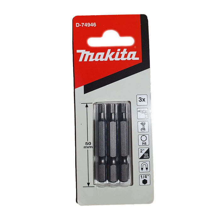 Vĩ 3 mũi vặn vít đầu lục giác Makita D-74946 kích thước H4.0 x 50mm, đuôi lục giác 6.35mm ( 1/4 inch ) ( Cấp 2 sao )