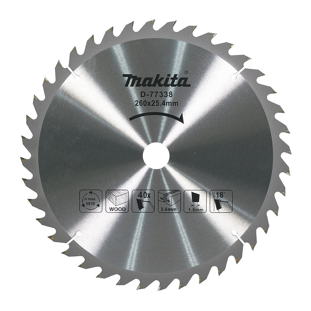 Lưỡi cưa gỗ TCT Makita D-77338 đường kính 260mm, 40 răng kiểu ATB, dùng cho máy cưa bàn ( Cấp 1 sao )