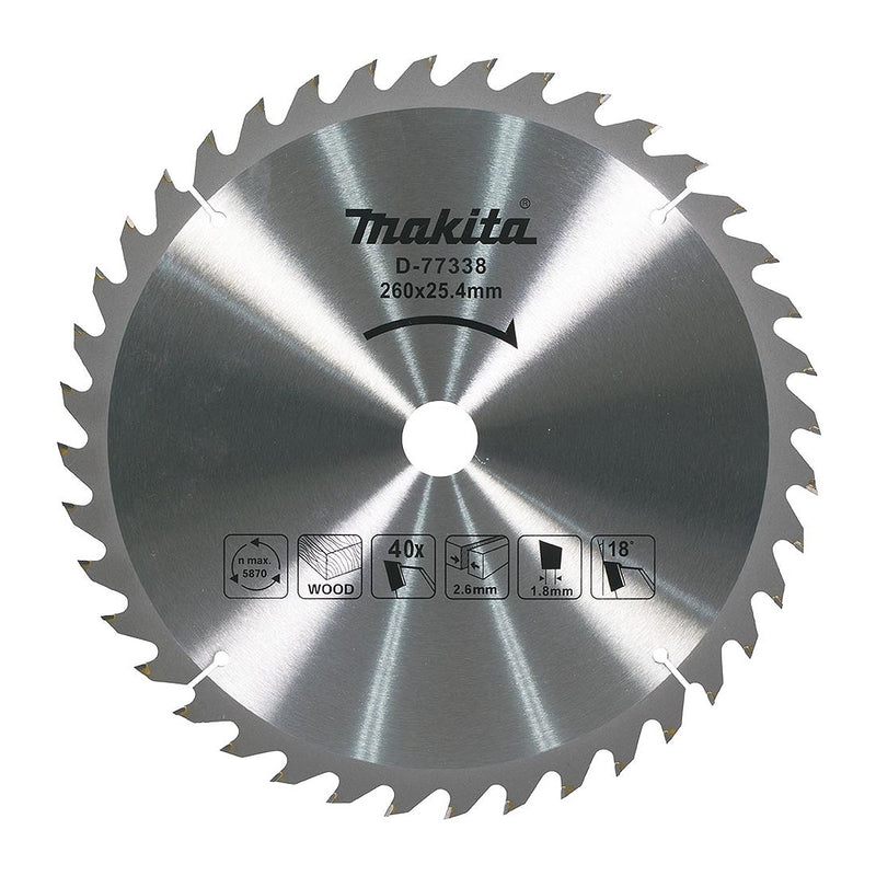 Lưỡi cưa gỗ TCT Makita D-77338 đường kính 260mm, 40 răng kiểu ATB, dùng cho máy cưa bàn ( Cấp 1 sao )