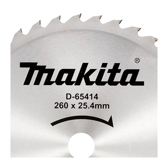 Lưỡi cưa gỗ TCT Makita D-65414 đường kính 260mm, 40 răng kiểu ATB, lỗ cốt 25.4mm. chứng nhận EAC dùng cho máy cưa bàn ( Cấp 1 sao )