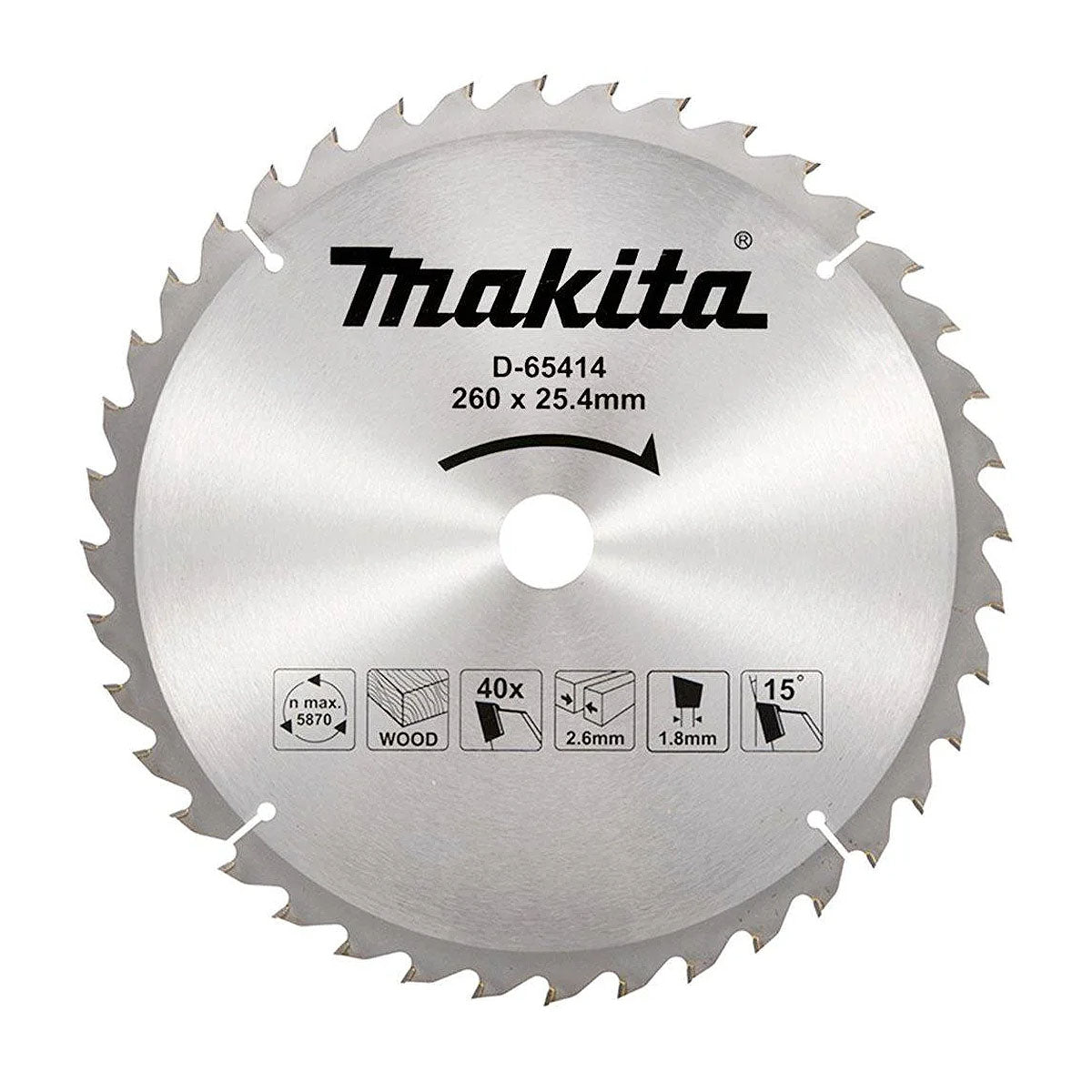 Lưỡi cưa gỗ TCT Makita D-65414 đường kính 260mm, 40 răng kiểu ATB, lỗ cốt 25.4mm. chứng nhận EAC dùng cho máy cưa bàn ( Cấp 1 sao )