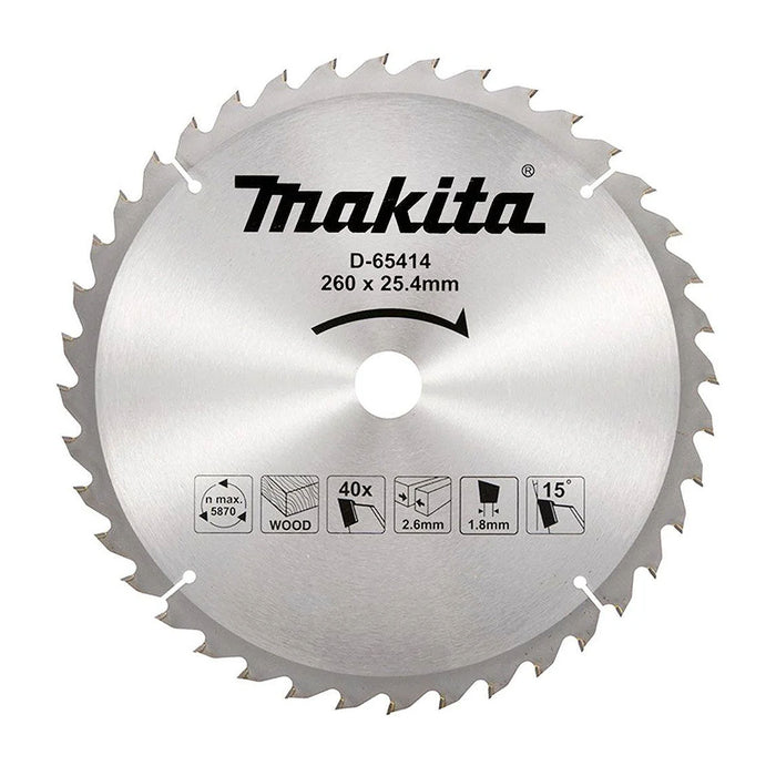 Lưỡi cưa gỗ TCT Makita D-65414 đường kính 260mm, 40 răng kiểu ATB, lỗ cốt 25.4mm. chứng nhận EAC dùng cho máy cưa bàn ( Cấp 1 sao )