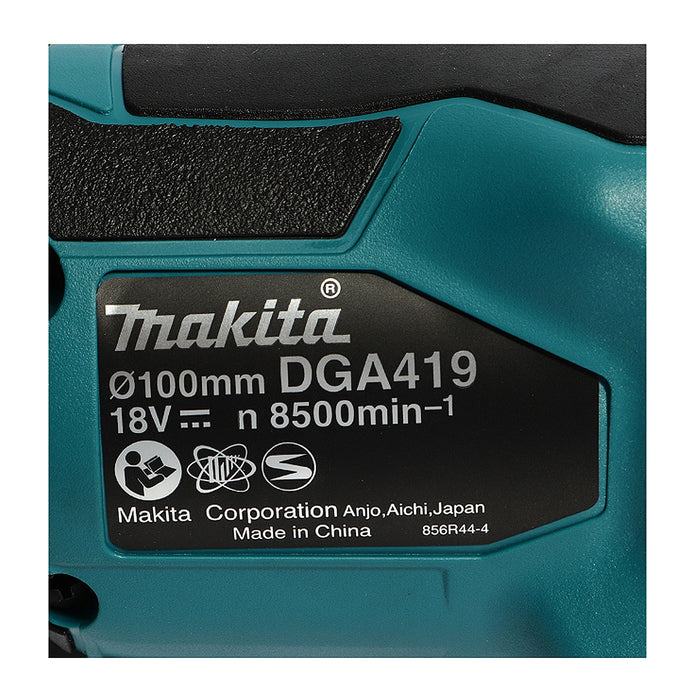 Máy mài góc Makita DGA419, dùng pin 18V LXT đường kính lưỡi 100mm, công tắc bóp, công nghệ tháo lưỡi nhanh X-Lock, ADT, AFT