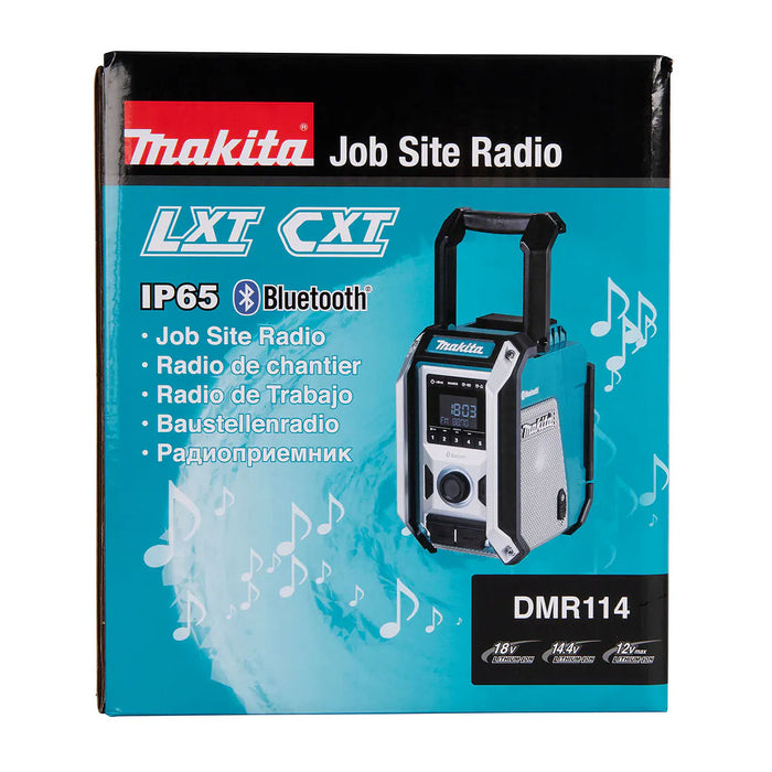 Máy nghe nhạc di động Makita DMR114, tích hợp radio, dùng được với pin 18V LXT, 14.4V LXT, 12Vmax CXT và điện