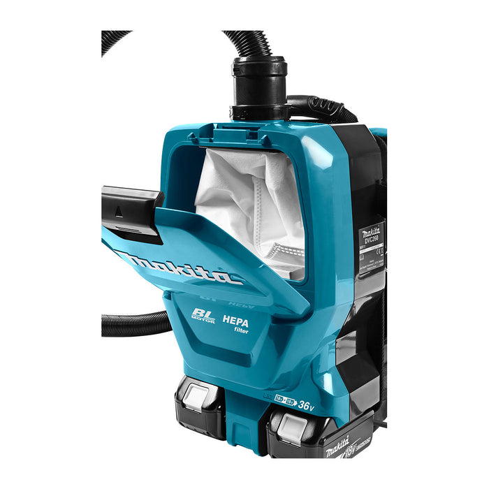Máy hút bụi đeo vai Makita DVC260 dùng Pin 18V x2 LXT, dung tích 2L, lực hút 7.1kPa, bộ lọc HEPA