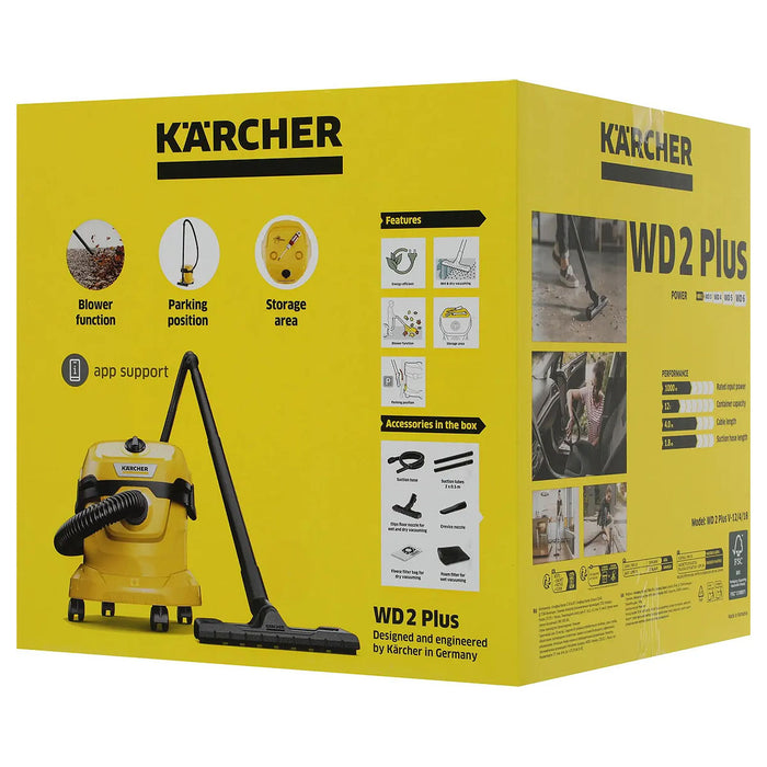 Máy hút bụi Karcher WD 2 Plus V công suất 1000W, lực hút 220mbar, dung tích 12L ( Hút khô & nước )