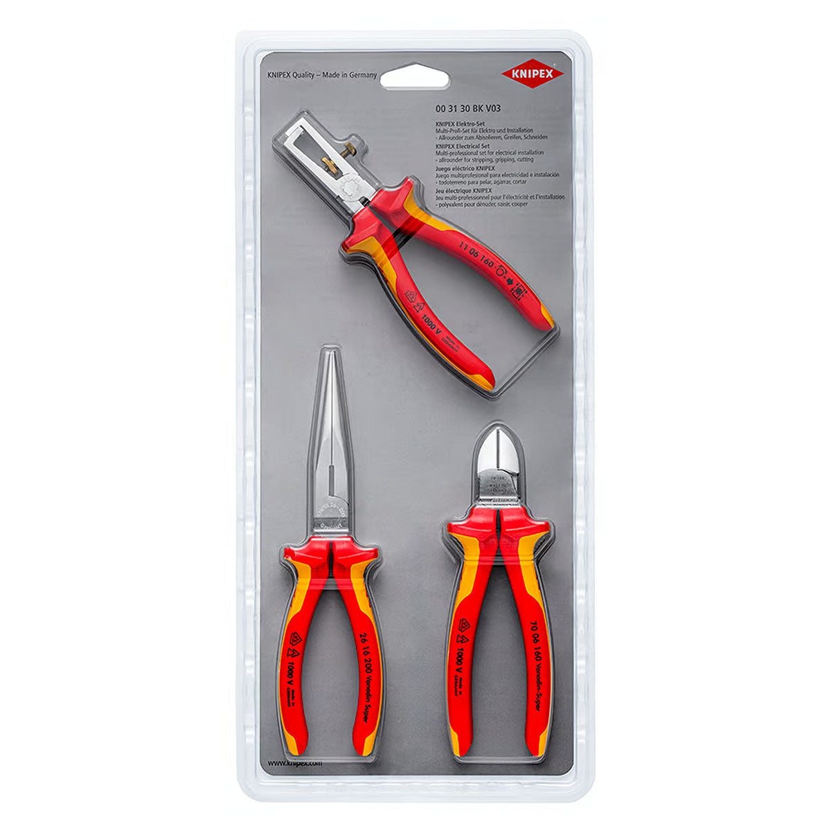 Bộ kìm cắt và tuốt dây 3 chi tiết KNIPEX 00 31 30 BK V03 cách điện 1000V