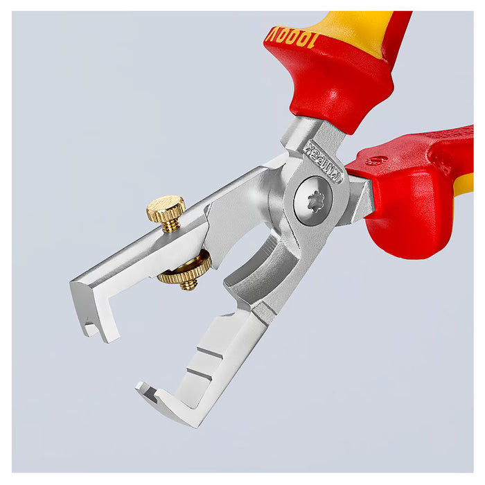 Kìm tuốt dây, tích hợp dao cắt KNIPEX StriX® cách điện 1000V, khả năng tuốt tối đa 10mm², mạ chrome