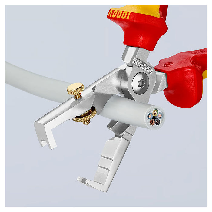 Kìm tuốt dây, tích hợp dao cắt KNIPEX StriX® cách điện 1000V, khả năng tuốt tối đa 10mm², mạ chrome