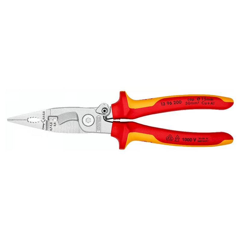 Kìm điện đa năng 6 trong 1 KNIPEX cách điện 1000V, có lò xo nút khóa ngàm chiều dài 200mm, mạ chrome