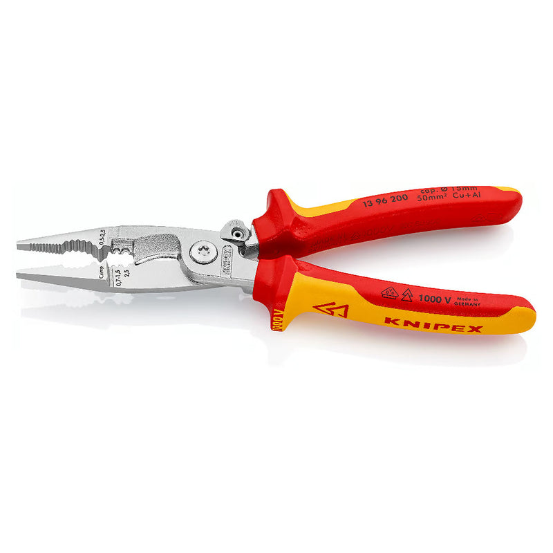 Kìm điện đa năng 6 trong 1 KNIPEX cách điện 1000V, có lò xo nút khóa ngàm chiều dài 200mm, mạ chrome