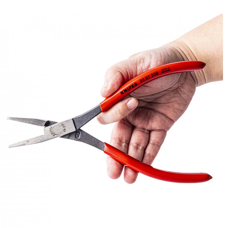 Kìm nhọn thân dài chuyên dùng trong không gian hẹp KNIPEX 28 01 200 chiều dài 200mm, mạ đen nhám tay cầm bọc nhựa kháng dầu mở