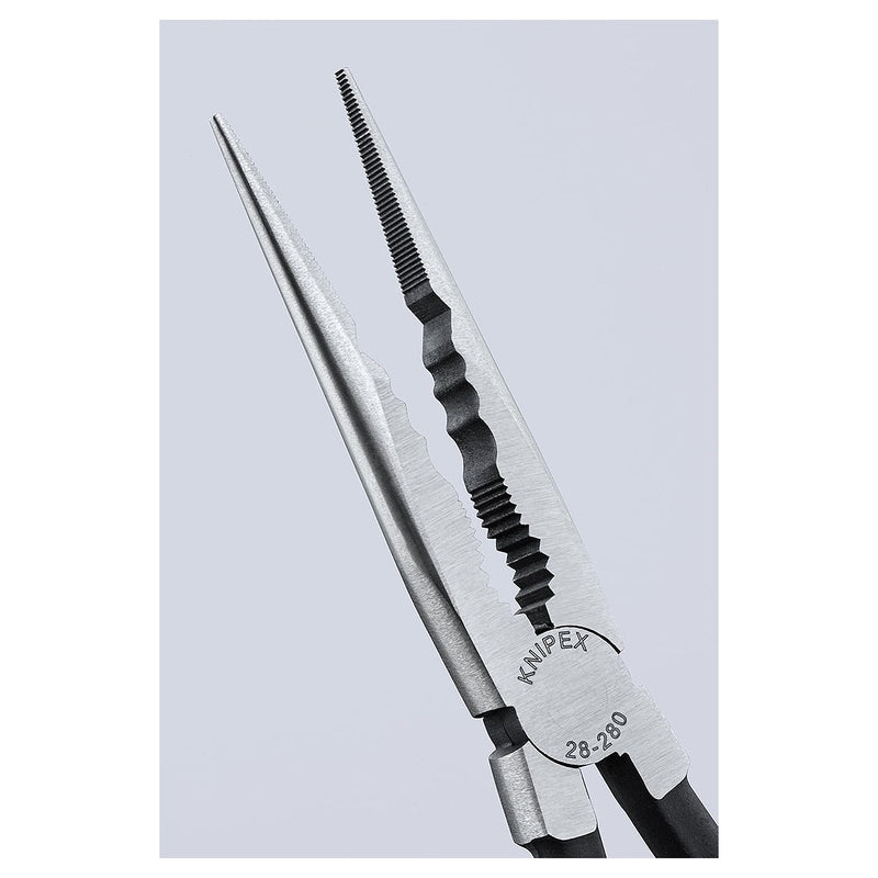 Kìm nhọn thân dài, có các rãnh kẹp vật liệu chuyên dùng trong không gian hẹp KNIPEX 28 71 280 chiều dài 280mm, mạ đen nhám tay cầm bọc nhựa kháng dầu mở