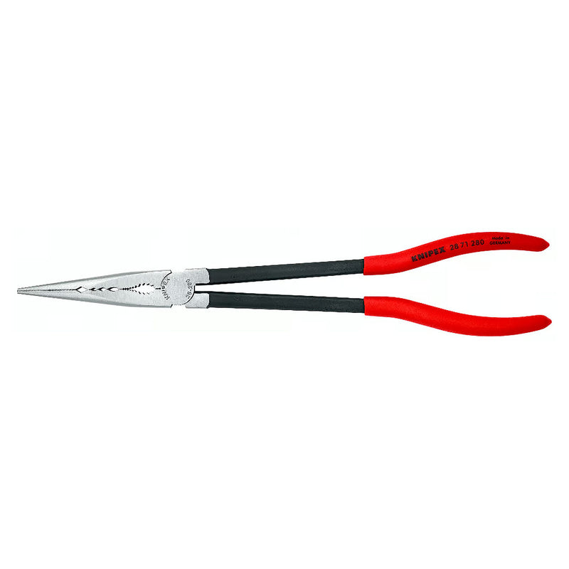 Kìm nhọn thân dài, có các rãnh kẹp vật liệu chuyên dùng trong không gian hẹp KNIPEX 28 71 280 chiều dài 280mm, mạ đen nhám tay cầm bọc nhựa kháng dầu mở