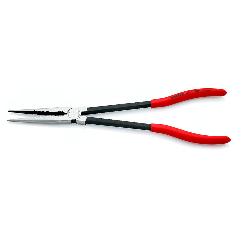 Kìm nhọn thân dài, có các rãnh kẹp vật liệu chuyên dùng trong không gian hẹp KNIPEX 28 71 280 chiều dài 280mm, mạ đen nhám tay cầm bọc nhựa kháng dầu mở