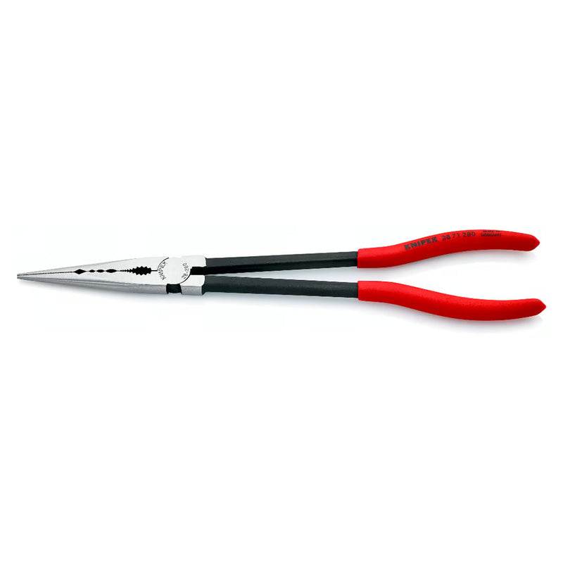 Kìm nhọn thân dài, có các rãnh kẹp vật liệu chuyên dùng trong không gian hẹp KNIPEX 28 71 280 chiều dài 280mm, mạ đen nhám tay cầm bọc nhựa kháng dầu mở