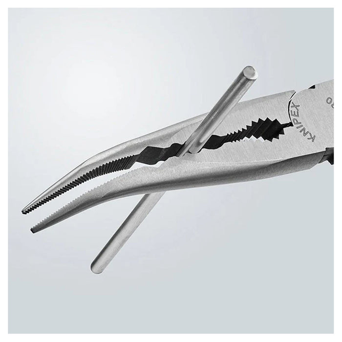 Kìm nhọn thân dài, mũi cong có các rãnh kẹp vật liệu chuyên dùng trong không gian hẹp KNIPEX 28 81 280 chiều dài 280mm, mạ đen nhám tay cầm bọc nhựa kháng dầu mở