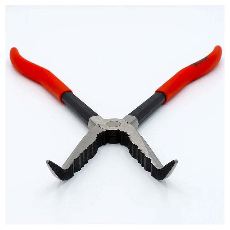 Kìm nhọn thân dài, mũi cong có các rãnh kẹp vật liệu chuyên dùng trong không gian hẹp KNIPEX 28 81 280 chiều dài 280mm, mạ đen nhám tay cầm bọc nhựa kháng dầu mở