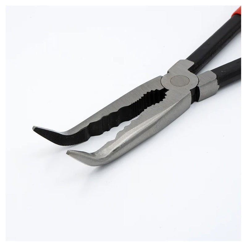 Kìm nhọn thân dài, mũi cong có các rãnh kẹp vật liệu chuyên dùng trong không gian hẹp KNIPEX 28 81 280 chiều dài 280mm, mạ đen nhám tay cầm bọc nhựa kháng dầu mở