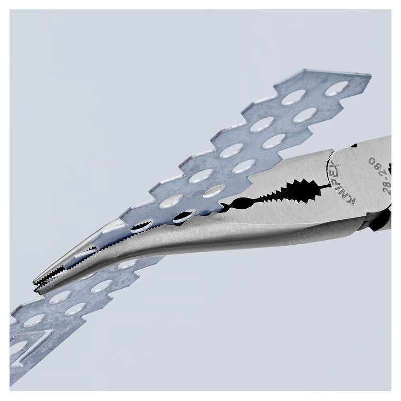 Kìm nhọn thân dài, mũi cong có các rãnh kẹp vật liệu chuyên dùng trong không gian hẹp KNIPEX 28 81 280 chiều dài 280mm, mạ đen nhám tay cầm bọc nhựa kháng dầu mở