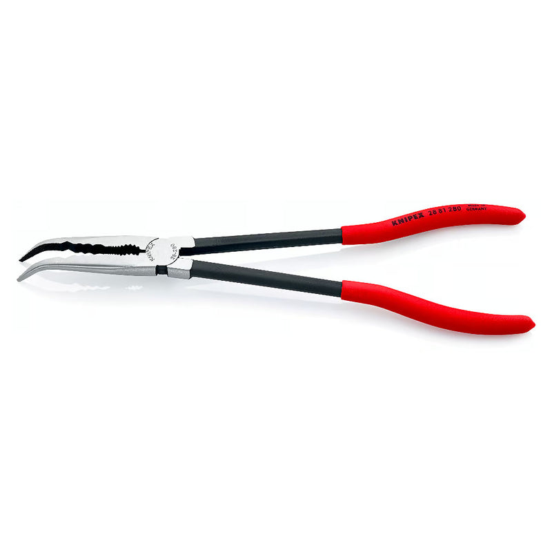 Kìm nhọn thân dài, mũi cong có các rãnh kẹp vật liệu chuyên dùng trong không gian hẹp KNIPEX 28 81 280 chiều dài 280mm, mạ đen nhám tay cầm bọc nhựa kháng dầu mở