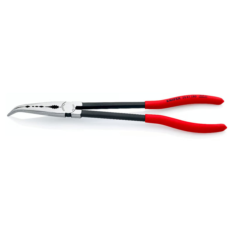 Kìm nhọn thân dài, mũi cong có các rãnh kẹp vật liệu chuyên dùng trong không gian hẹp KNIPEX 28 81 280 chiều dài 280mm, mạ đen nhám tay cầm bọc nhựa kháng dầu mở