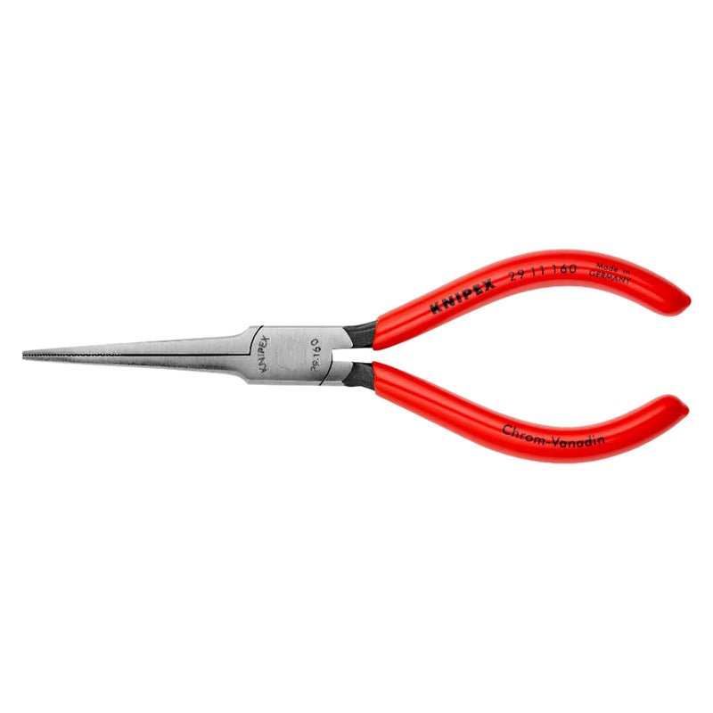 Kìm phẳng mũi nhọn, chuyên dùng trong điện tử và viễn thông KNIPEX 29 11 160 chiều dài 160mm, mạ đen tay cầm bọc nhựa kháng dầu mở
