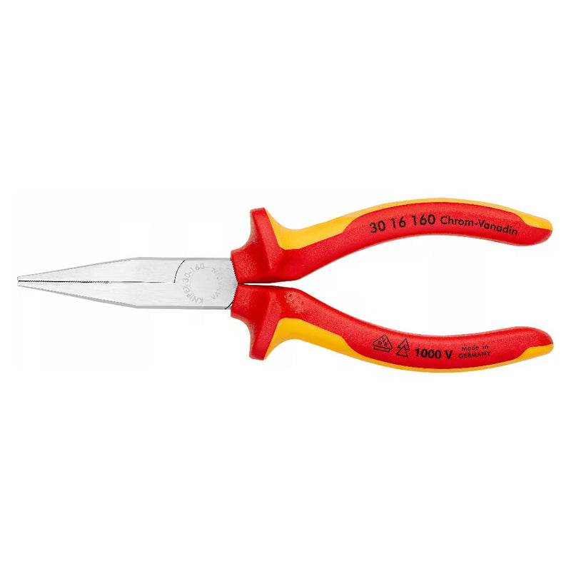 Kìm kẹp mũi nhọn, hàm phẳng KNIPEX 30 16 160 cách điện 1000V, chiều dài 160mm, mạ chrome