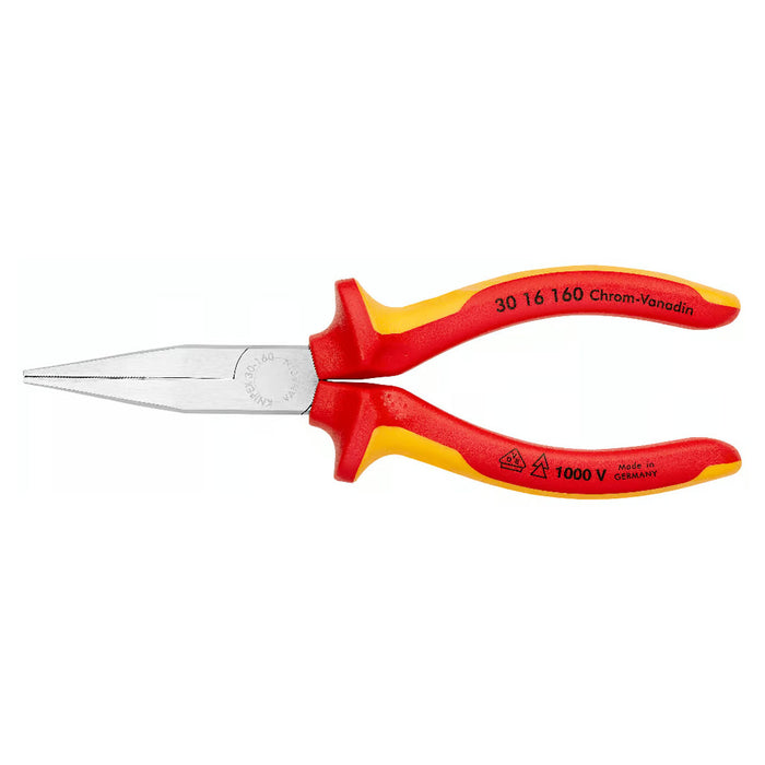 Kìm kẹp mũi nhọn, hàm phẳng KNIPEX 30 16 160 cách điện 1000V, chiều dài 160mm, mạ chrome