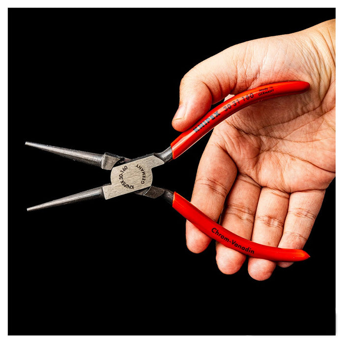 Kìm kẹp mũi nhọn, hàm tròn KNIPEX 30 31 160 chiều dài 160mm, mạ đen nhám tay cầm bọc nhựa kháng dầu mở