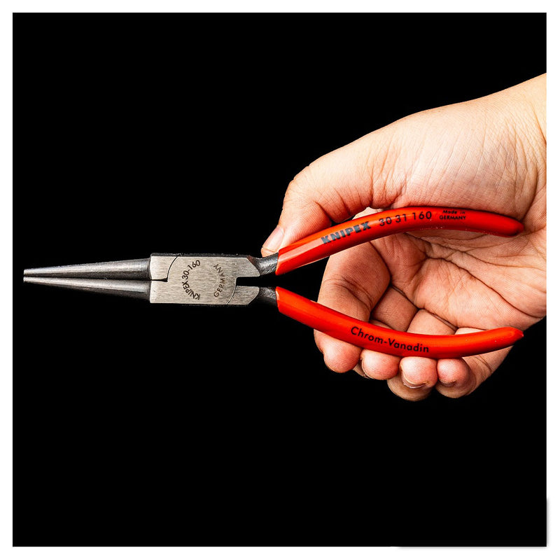 Kìm kẹp mũi nhọn, hàm tròn KNIPEX 30 31 160 chiều dài 160mm, mạ đen nhám tay cầm bọc nhựa kháng dầu mở
