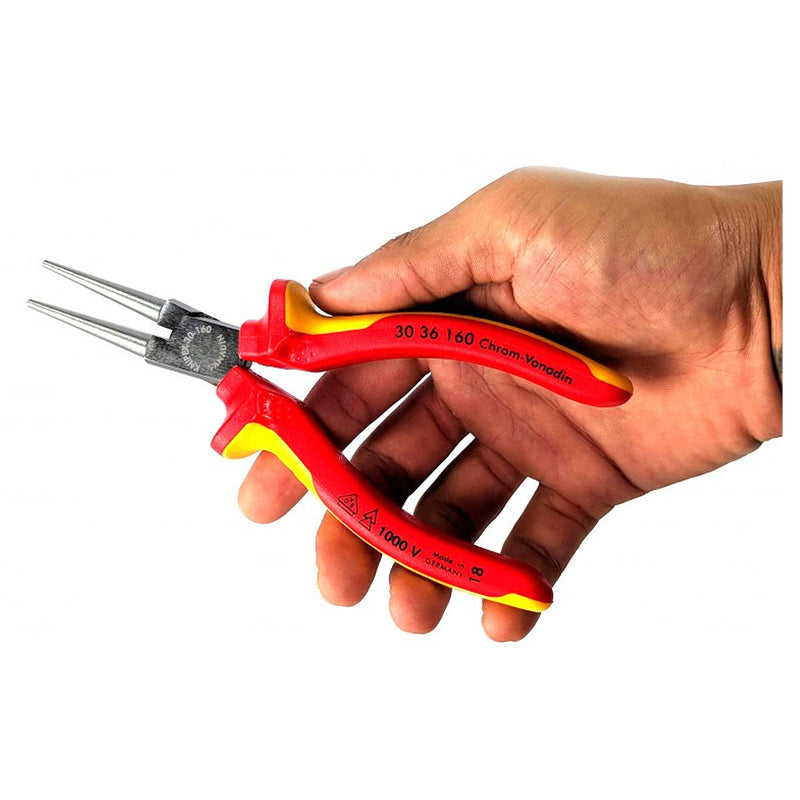 Kìm kẹp mũi nhọn, hàm tròn KNIPEX 30 36 160 cách điện 1000V, mạ chrome