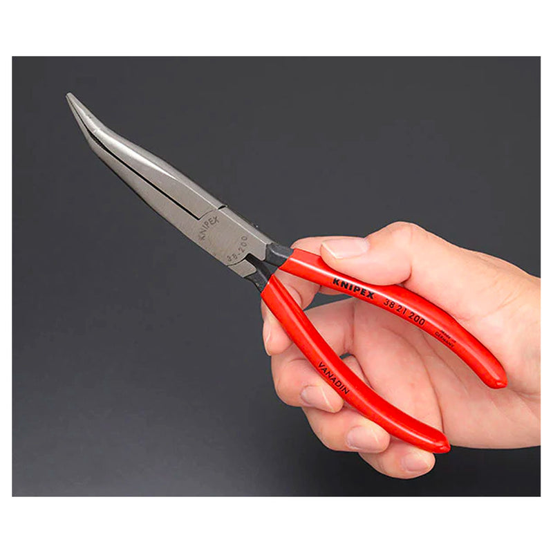 Kìm nhọn, mũi cong 40° KNIPEX 38 21 200 chiều dài 200mm, mạ đen nhám tay cầm bọc nhựa kháng dầu mở