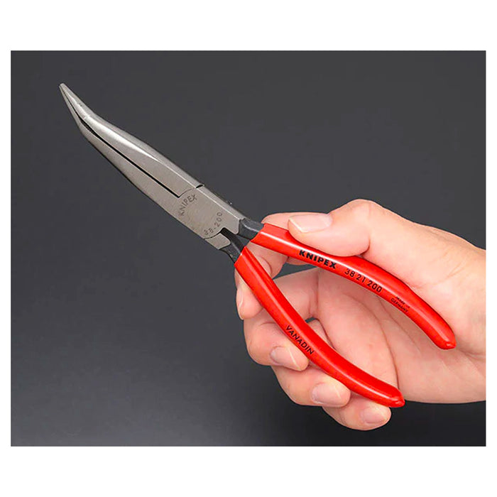 Kìm nhọn, mũi cong 40° KNIPEX 38 21 200 chiều dài 200mm, mạ đen nhám tay cầm bọc nhựa kháng dầu mở