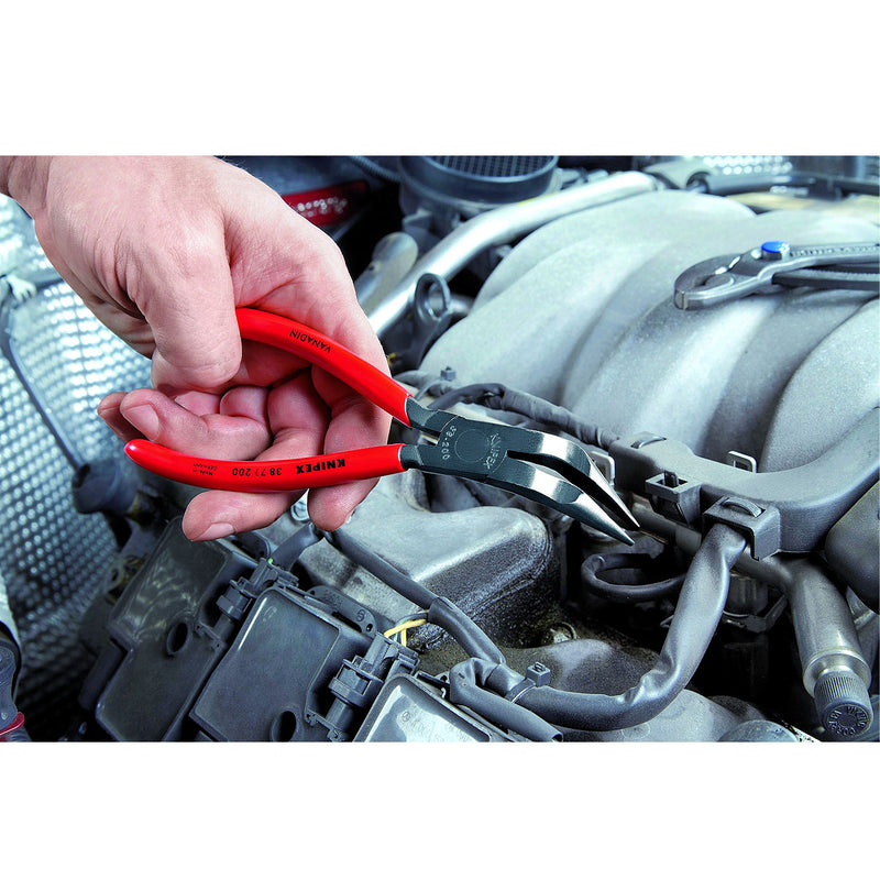 Kìm nhọn, mũi cong 70° KNIPEX 38 71 200 chiều dài 200mm, mạ đen nhám tay cầm bọc nhựa kháng dầu mở