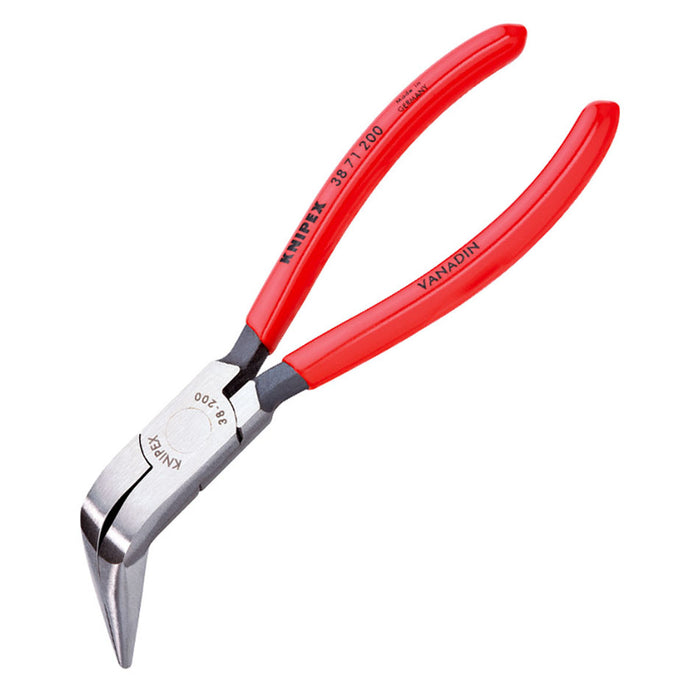 Kìm nhọn, mũi cong 70° KNIPEX 38 71 200 chiều dài 200mm, mạ đen nhám tay cầm bọc nhựa kháng dầu mở