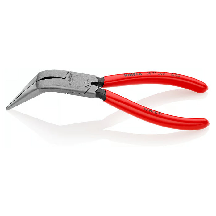 Kìm nhọn, mũi cong 70° KNIPEX 38 71 200 chiều dài 200mm, mạ đen nhám tay cầm bọc nhựa kháng dầu mở