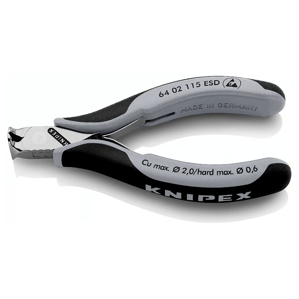 Kìm cắt linh kiện điện tử chống tĩnh điện, có nang trợ lực KNIPEX 64 02 115 ESD chiều dài 115mm, khả năng cắt từ 0.6mm - 2.0mm