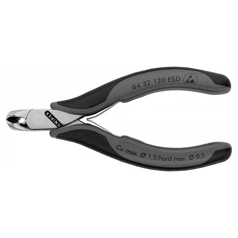 Kìm cắt linh kiện đử chống tĩnh điện, mũi cong 15°, có nang trợ lực KNIPEX 64 32 120 ESD chiều dài 120mm, khả năng cắt từ 0.5mm - 1.5mm