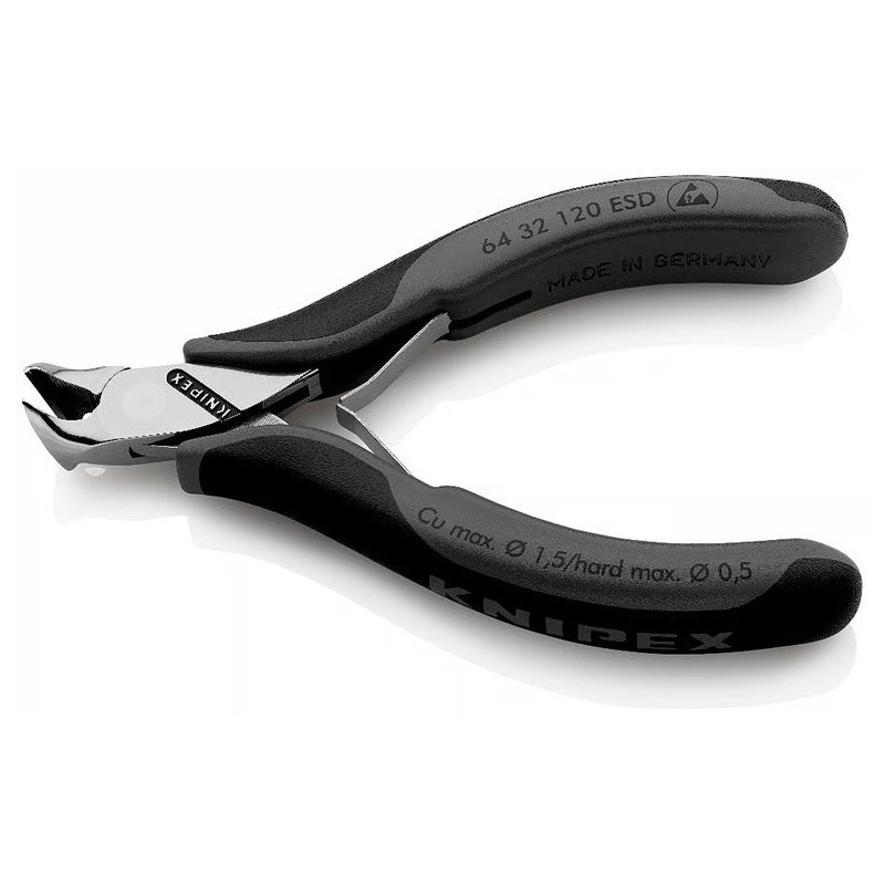 Kìm cắt linh kiện đử chống tĩnh điện, mũi cong 15°, có nang trợ lực KNIPEX 64 32 120 ESD chiều dài 120mm, khả năng cắt từ 0.5mm - 1.5mm
