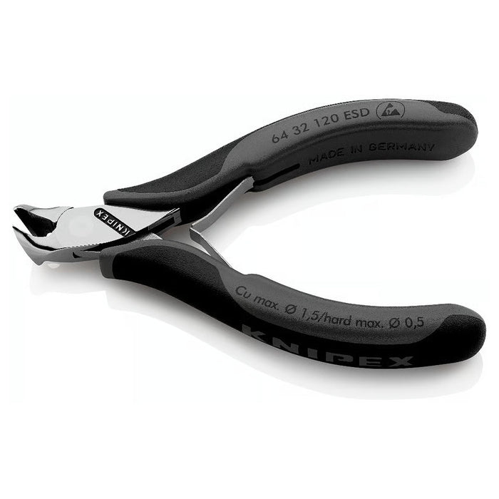 Kìm cắt linh kiện đử chống tĩnh điện, mũi cong 15°, có nang trợ lực KNIPEX 64 32 120 ESD chiều dài 120mm, khả năng cắt từ 0.5mm - 1.5mm