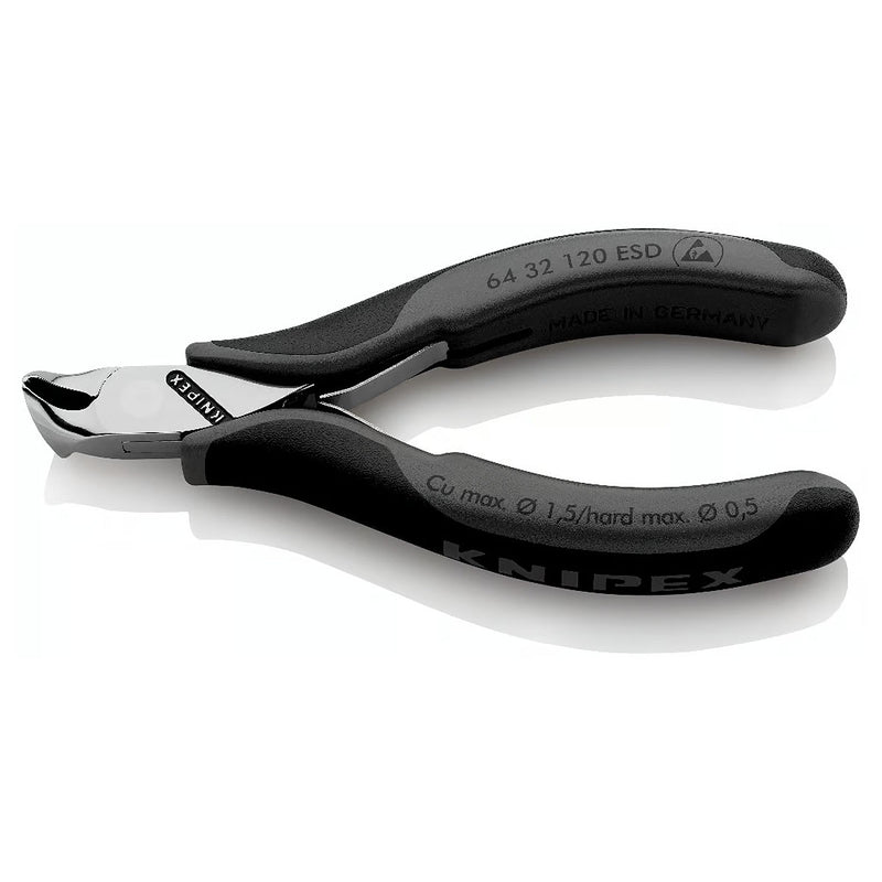 Kìm cắt linh kiện đử chống tĩnh điện, mũi cong 15°, có nang trợ lực KNIPEX 64 32 120 ESD chiều dài 120mm, khả năng cắt từ 0.5mm - 1.5mm