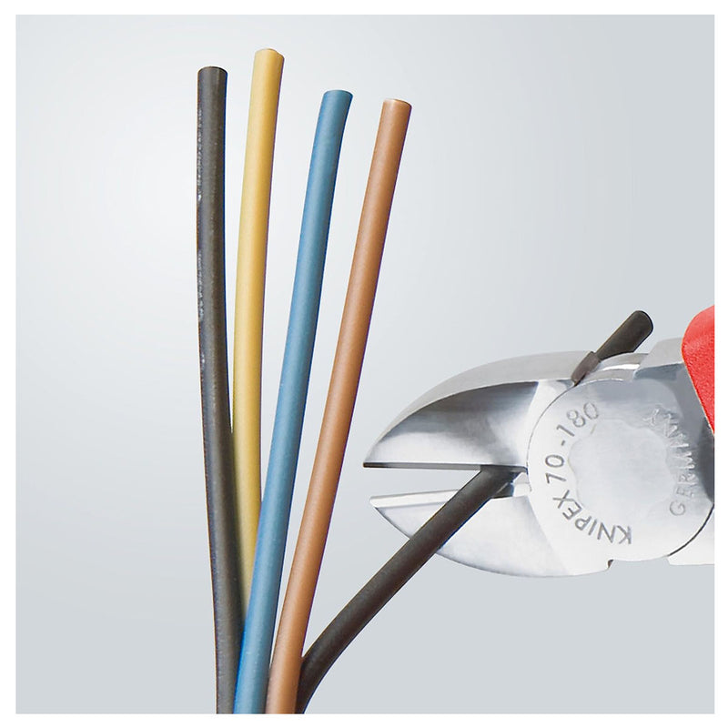 Kìm cắt KNIPEX cách điện 1000V, chiều dài từ 160mm - 180mm, mạ Chrome, tay cầm bọc nhựa kháng dầu mở