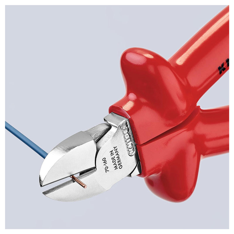 Kìm cắt KNIPEX cách điện 1000V, chiều dài từ 160mm - 180mm, mạ Chrome, tay cầm bọc nhựa kháng dầu mở